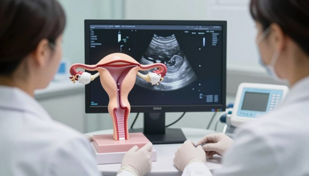 A detailed illustration of a sonohysterography procedure inside a clinical setting. In the foreground, a medical professional, dressed in a white lab coat and gloves, is attentively reviewing images on a monitor displaying a sonohysterography scan of the uterine cavity. The middle layer shows a transparent anatomical model of the female reproductive system, highlighting the uterus filled with a clear fluid to visualize potential polyps. The background features a well-lit, modern examination room with medical equipment and monitors. The lighting is soft and clinical, creating a professional and calm atmosphere, emphasizing the importance of the procedure. The angle is slightly overhead to capture both the professional and the anatomical model in clear focus.