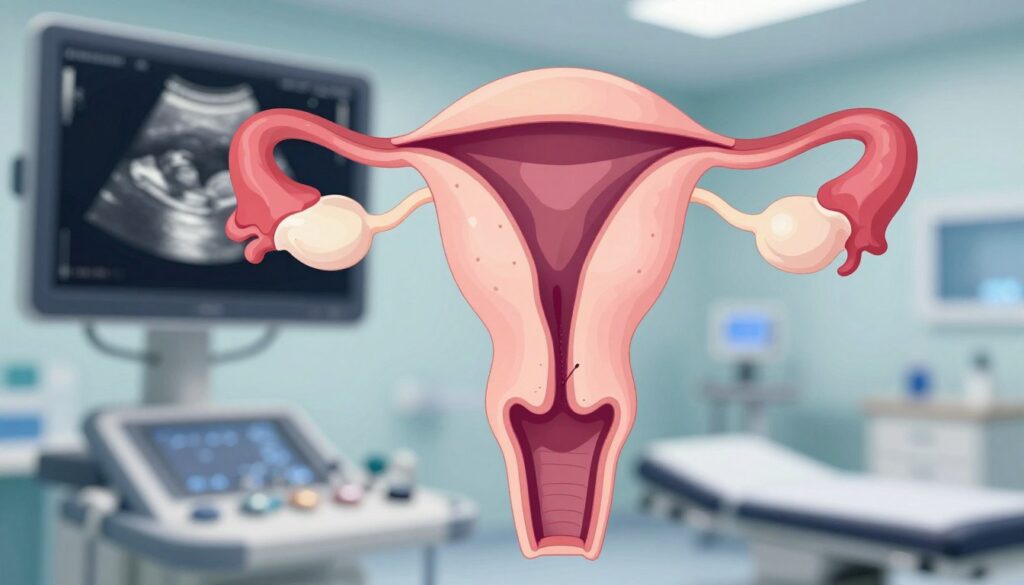 A detailed illustration of a woman's uterus with a focus on the endometrium, showcasing a cross-sectional view to highlight varying thicknesses. The endometrium should appear distinct, with a healthy, thickened layer in a color gradient of pink to red, symbolizing optimal conditions for embryo implantation. The foreground features a clear, labeled medical diagram with anatomical labels subtly integrated. The middle ground captures a soft, blurred representation of ultrasound imagery, emphasizing a clinical atmosphere. In the background, a sterile examination room with soft, diffused lighting contributes to a calm, informative mood. The image displays no text, ensuring a professional presentation.