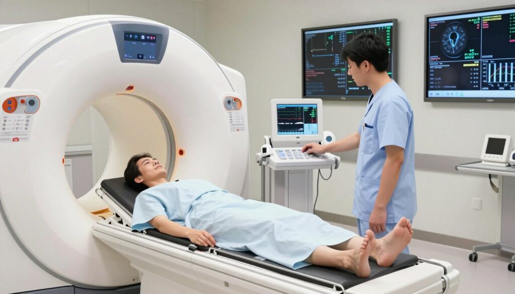 A detailed illustration of an MRI examination process step by step. In the foreground, a patient is lying on an MRI machine, looking relaxed and calm while wearing a hospital gown. The technician, dressed in professional medical attire, prepares the machine, adjusting settings on the control panel. In the middle ground, the MRI room is illuminated by soft, bright lights highlighting the machinery and medical equipment. The background features large screens displaying scanned images and vital signs. The atmosphere is professional, conveying a sense of reassurance and advanced medical technology. The composition should be captured from a slight angle, showing both the patient and the technician, emphasizing the collaborative nature of the examination.