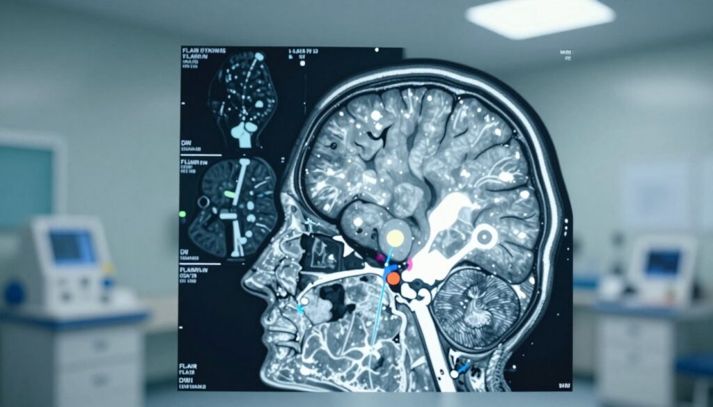 A detailed illustration of an MRI scan focusing on the human brain and spinal cord, highlighting areas of elevated signal in a clinical setting. The foreground features a high-resolution MRI image with vibrant colors emphasizing the contrast in brain tissue: bright white areas indicating fluid and lesions. In the middle ground, a subtle overlay of FLAIR and DWI imaging parameters is visible, enhancing the understanding of different signal characteristics. The background consists of a clinical room with soft lighting and medical equipment, giving a professional atmosphere. Use a soft focus lens effect to create depth, allowing the brain imagery to stand out sharply, while the surroundings remain slightly blurred yet identifiable. The overall mood is clinical and analytical, inviting viewers to explore the intricacies of MRI imaging.
