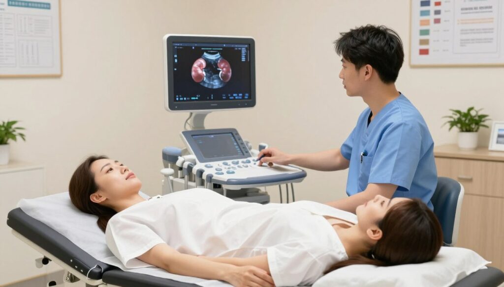 A detailed illustration of an abdominal ultrasound (USG jamy brzusznej) taking place in a modern medical office. In the foreground, a female patient, dressed in a modest hospital gown, lies comfortably on an examination table while a healthcare professional, dressed in professional scrubs, gently operates the ultrasound machine. The middle ground features the ultrasound screen displaying a clear image of the kidneys, surrounded by medical equipment like monitors and charts. The background includes soft lighting and neutral-colored walls that convey a calming atmosphere, with medical posters and plants to enhance the environment. The composition is focused on the procedure, highlighting the technology and the professionalism of the healthcare setting, creating an informative yet serene ambiance.