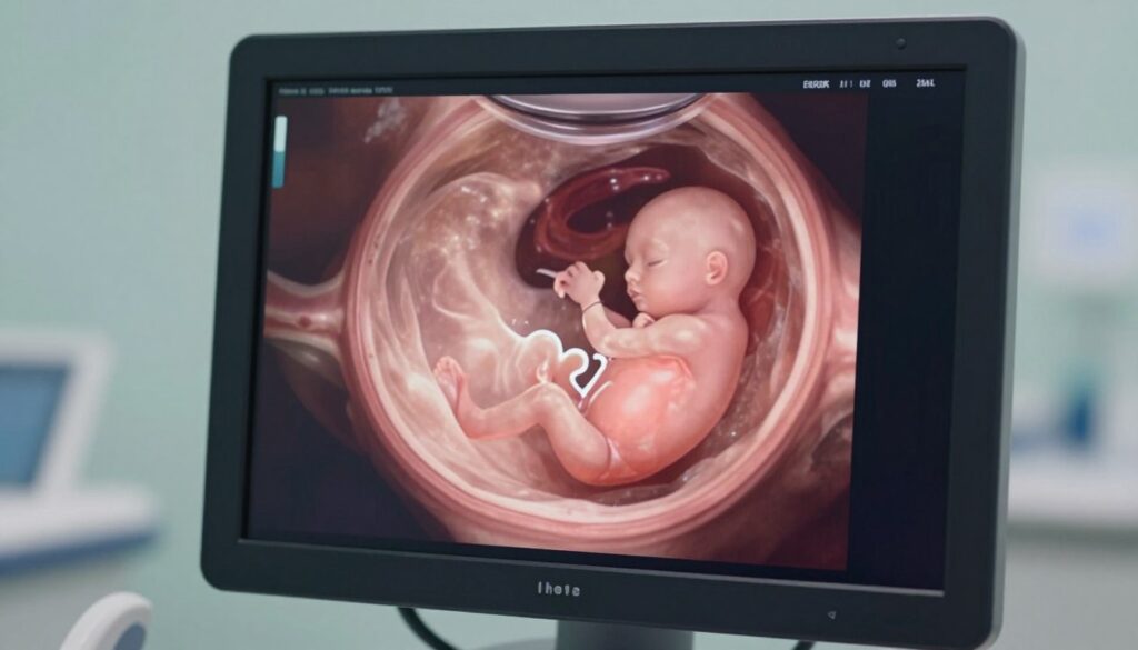 A detailed illustration of an early-stage embryo as seen through a transvaginal ultrasound. In the foreground, the ultrasound probe and monitor display a clear, focused image of a developing embryo, nestled within a soft, abstract representation of the uterus. The middle ground features the contours of the uterus, softly illuminated to emphasize the delicate structure, with a hint of color indicating a healthy environment. The background is a blurred, clinical setting that conveys a sense of calm and professionalism, with subtle soft lighting to create a serene atmosphere. The composition aims to evoke a sense of hope and new beginnings, suitable for a medical context. The angle is slightly above the monitor to capture the details clearly, without any human figures or text present. A detailed illustration of an early-stage embryo as seen through a transvaginal ultrasound. In the foreground, the ultrasound probe and monitor display a clear, focused image of a developing embryo, nestled within a soft, abstract representation of the uterus. The middle ground features the contours of the uterus, softly illuminated to emphasize the delicate structure, with a hint of color indicating a healthy environment. The background is a blurred, clinical setting that conveys a sense of calm and professionalism, with subtle soft lighting to create a serene atmosphere. The composition aims to evoke a sense of hope and new beginnings, suitable for a medical context. The angle is slightly above the monitor to capture the details clearly, without any human figures or text present.