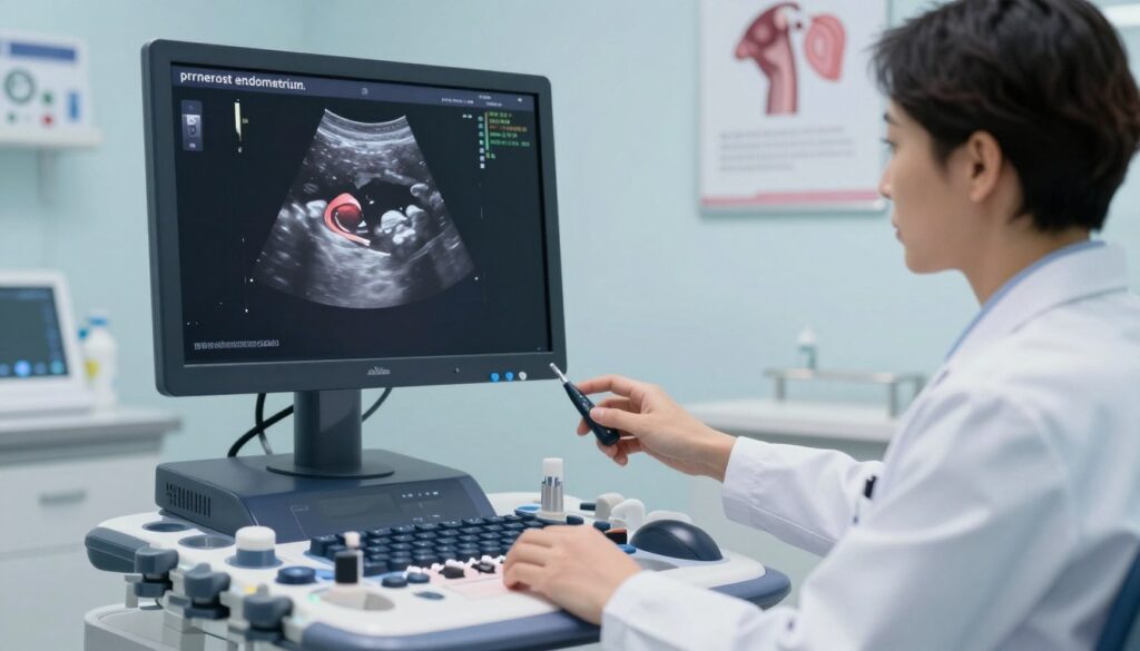 A detailed illustration of an ultrasound image showing "przerost endometrium," focusing on the thickened endometrial lining within a clinical context. In the foreground, a digital display of the ultrasound scan featuring a clear view of the thickened endometrium in a patient undergoing examination. The middle layer includes a healthcare professional in a lab coat, examining the ultrasound on a monitor with a thoughtful expression, set in a modern clinic with soft, diffused lighting. The background features medical equipment and posters related to gynecological health to enhance the clinical atmosphere. The overall mood should be serious and informative, emphasizing the importance of understanding endometrial health issues visually.
