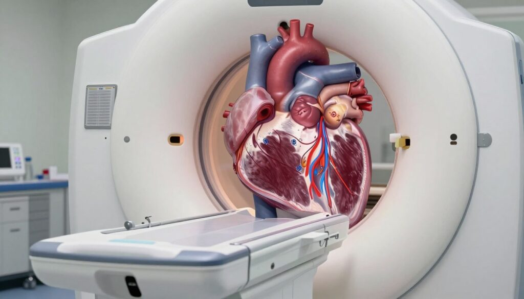 A detailed illustration of cardiac MRI imaging, showcasing a three-dimensional view of a heart under examination. In the foreground, a realistic representation of a high-tech MRI machine, with gentle, soft lighting highlighting its sleek design. In the middle ground, a captured image of a heart's interior, displaying clear anatomical structures such as ventricles, valves, and blood vessels, emphasizing the metrics of pumping function and blood flow dynamics. The background is softly blurred to keep focus on the heart and the MRI machine. The atmosphere is clinical yet calming, conveying precision and advanced technology in a medical setting.