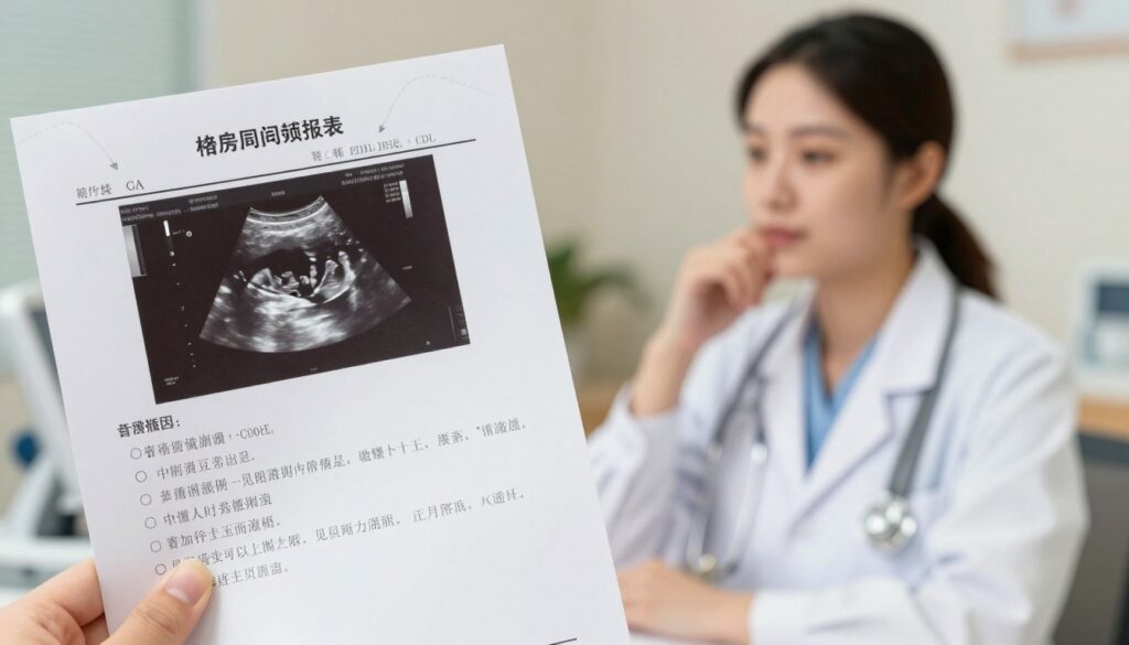 A detailed illustration of common abbreviations found in ultrasound reports regarding pregnancy, focusing on gestational age and due dates. In the foreground, create a clear view of a well-organized medical report or ultrasound image, incorporating visual elements like arrows or icons to indicate abbreviations such as "GA," "EDD," and "CRL." In the middle ground, a soft-focus analyst or doctor, dressed in professional medical attire, examines the report with a pensive expression. The background should feature a calm, sterile medical office environment with soft, warm lighting to evoke a reassuring atmosphere. Use a slightly shallow depth of field to draw attention to the report while keeping the context of a medical setting. Capture the essence of professionalism and clarity in prenatal care.