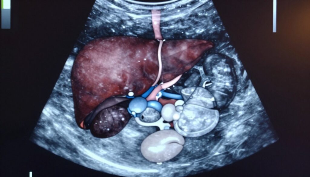 A detailed illustration of human internal organs as seen in an abdominal ultrasound, featuring a clear visualization of the liver, kidneys, spleen, gallbladder, and pancreas. The organs should be anatomically accurate and realistically shaded to reflect depth and structure, showcasing a cross-sectional view. The foreground should highlight the organs in a soft, clinical blue and white gradient lighting to evoke a medical atmosphere. The background should be subtly blurred to focus attention on the organs, simulating an ultrasound screen effect. A warm, sterile atmosphere should be present, with an emphasis on clarity and professionalism ideal for an educational setting. No text, captions, or watermarks are included.