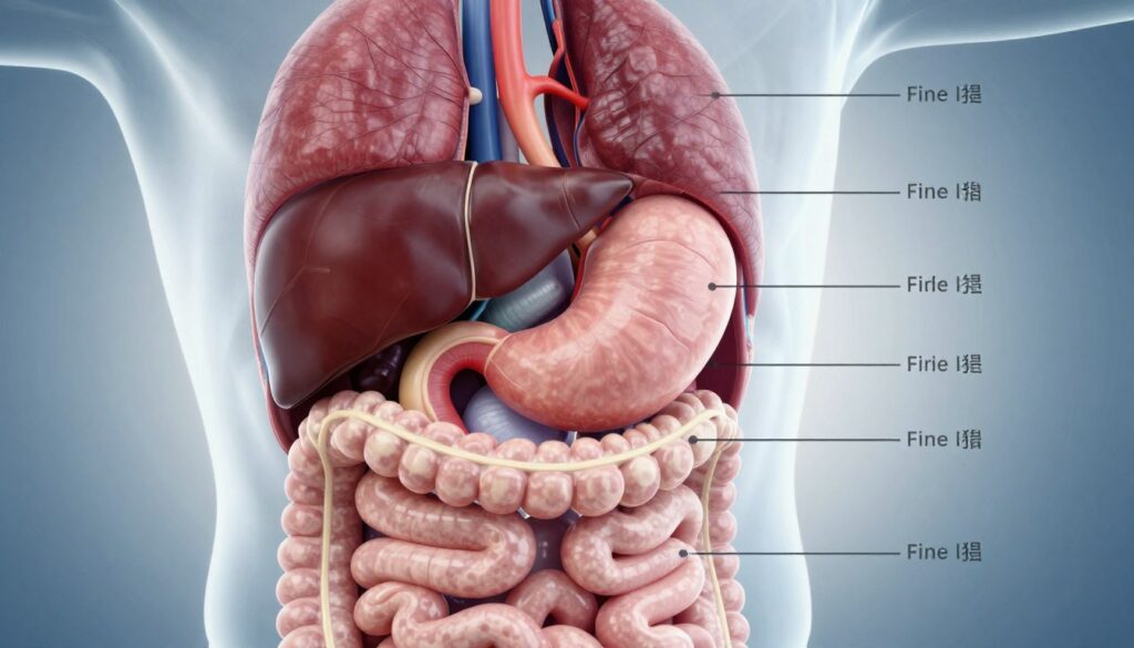 A detailed illustration of human internal organs, focusing on the abdominal region. The foreground features a transparent overlay of the stomach, liver, kidneys, and intestines, showcasing their anatomical structure with vivid colors and textures. In the middle ground, there are soft anatomical labels with clear but non-intrusive lines connecting to the organs, enhancing educational value. The background presents a subtle gradient, suggesting a clinical environment, with soft lighting that makes the organs appear illuminated and vibrant. The perspective is slightly angled to give a three-dimensional view, creating depth. The overall atmosphere should feel sterile, professional, and informative, suitable for a medical setting. The image should be free of any text, watermarks, or human figures.