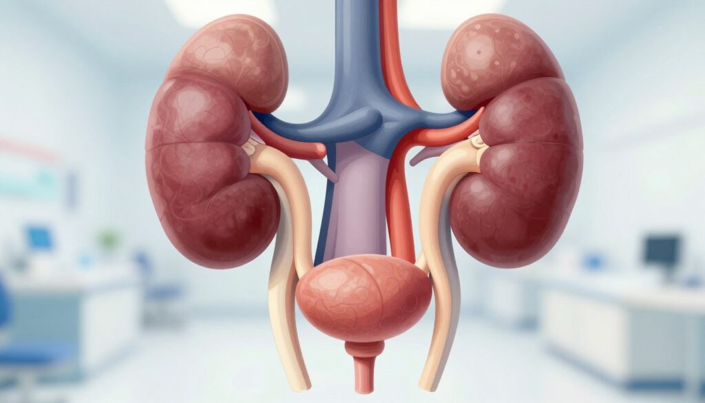 A detailed illustration of the human urinary system, prominently featuring the bladder (pęcherza moczowego) and kidneys. In the foreground, a realistic medical diagram shows the bladder with clear anatomical details, emphasizing its shape and connection to the urethra. In the middle ground, depict the paired kidneys, with labeled structures such as the renal pelvis and ureters. The background should feature a soft gradient, simulating a clinical environment, subtly suggesting a hospital setting. Use bright, natural lighting to enhance clarity and focus on the anatomical features, with a slight depth of field effect to draw attention to the bladder and kidneys. Convey a professional and educational atmosphere suitable for a medical context.