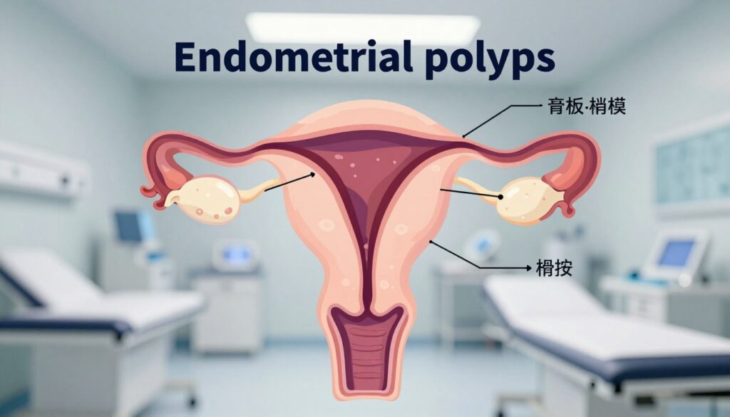 A detailed, informative illustration of endometrial polyps, depicting their symptoms and characteristics. In the foreground, a close-up view of the uterus displayed in a medical diagram style, highlighting the polyps as small growths within the endometrial lining. The middle section features anatomical labels pointing out relevant areas, such as the cervix and ovary, while maintaining a clinical and educational tone. The background should be a soft, blurred medical examination room, with cool, neutral lighting to convey a sterile and professional atmosphere. The image should evoke a sense of curiosity and caution, as if inviting viewers to learn more about this condition. No human subjects should be present.