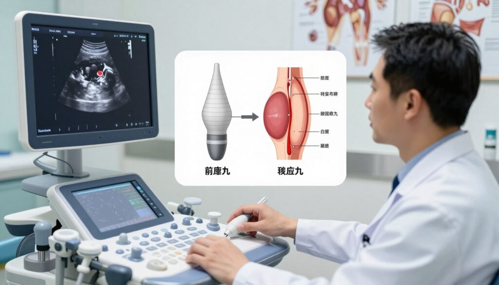 A detailed medical illustration depicting two types of prostate ultrasound examinations: transabdominal and transrectal (TRUS). In the foreground, a professional healthcare provider in business attire is using an ultrasound machine, focused on the monitor displaying a clear ultrasound image of the prostate. The middle layer shows the ultrasound probe, both transabdominal and transrectal versions, with informative labels indicating their features. In the background, a clinical setting with medical charts and anatomical diagrams provides context. Soft, clinical lighting creates a sterile atmosphere, highlighting the professionalism of the environment. The camera angle is slightly above eye level, capturing both the provider's concentration and the technical equipment, emphasizing the precision and importance of these medical procedures.