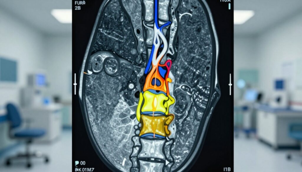 A detailed medical illustration of a cervical spine MRI with contrast enhancement. In the foreground, highlight the cervical vertebrae and intervertebral discs, ensuring clarity in the anatomical structures. The middle layer should depict the spinal cord, clearly showing the signal changes and any areas of stenosis or compression. Include details such as the contrast agent visibly outlining the structures. In the background, use a blurred hospital environment to indicate a clinical setting, infused with soft, diffused lighting to create a professional atmosphere. The overall mood should be informative and engaging, emphasizing the importance of advanced imaging in diagnosing medical conditions. No human figures should be included.