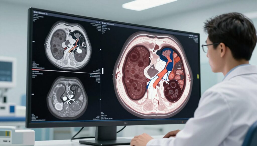A detailed medical illustration of a computed tomography (CT) scan of a kidney, focusing on the various anatomical structures visible in cross-section. In the foreground, display a digital screen showing the CT images with clear depictions of the kidney, surrounding organs, and possible anomalies like cysts or tumors. The middle layer should feature a medical professional, dressed in a white lab coat, intently examining the screen, surrounded by diagnostic equipment. In the background, include a modern hospital setting with soft, diffused lighting highlighting the medical environment. The mood should be one of professionalism and focus, emphasizing the importance of diagnostic imaging in kidney health. Use a slight tilt angle to add depth to the scene.