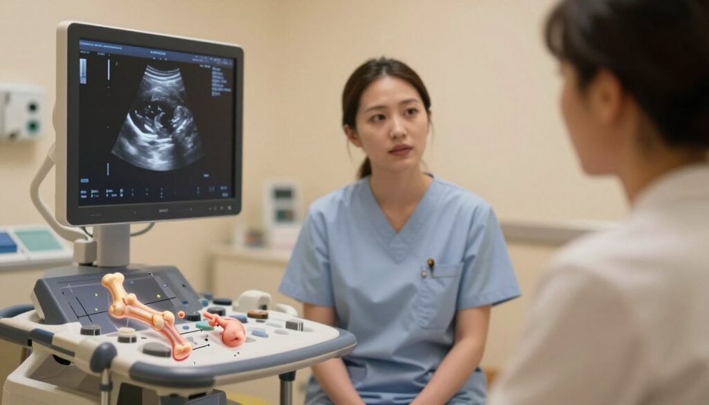 A detailed medical illustration of a fetal bone length measurement in a clinical setting. In the foreground, a clear, annotated ultrasound image displaying the long bones of a fetus, specifically the femur and humerus, with measuring lines and indicators for scale. The middle ground features a professional, gender-neutral ultrasound technician, dressed in modest healthcare attire, observing the ultrasound monitor intently. In the background, a softly lit, sterile examination room with medical equipment subtly blurred to ensure focus on the ultrasound. The lighting is warm and clinical, conveying a sense of trust and professionalism. The overall atmosphere should be educational and informative, emphasizing precision in prenatal measurements without distraction.