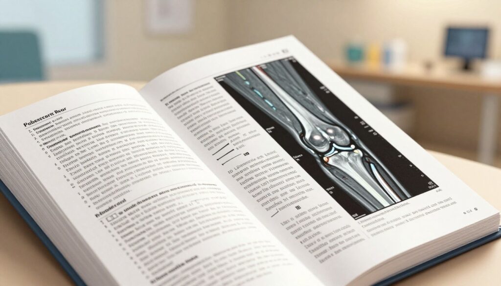 A detailed medical illustration of a knee MRI report, depicted as an open dictionary filled with phrases and terms related to knee MRI findings such as tendons, menisci, and cartilage. The foreground features a large, intricately designed page with anatomical diagrams and explanations, emphasizing clarity and professionalism. The middle layer might include subtle anatomical bone and cartilage overlays to hint at the MRI imagery without overt graphical elements. The background is a softly blurred medical office setting with warm, inviting lighting, enhancing the informative atmosphere. The mood should be educational and insightful, promoting a deeper understanding of knee MRI results, ideally viewed from a slight overhead angle with soft focus on the important terms.