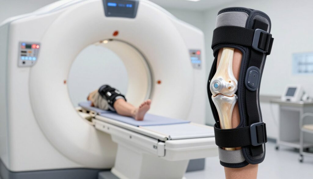 A detailed medical illustration of a magnetic knee brace, designed to illustrate the concept of MRI imaging for the knee joint. The foreground features the knee brace prominently, showcasing its magnetic components and straps, with realistic textures and colors. In the middle ground, include an open MRI machine with its circular opening, where the knee brace is positioned inside, symbolizing the scanning process. The background should show a softly lit clinical environment, with sterile white walls and medical equipment subtly outlined to enhance the atmosphere of professionalism and precision. The image should be well-lit to highlight the details of the knee brace and the machinery, creating a calm yet informative mood.