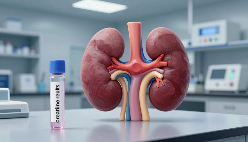 A detailed medical illustration of kidney function with a focus on creatinine levels. In the foreground, a transparent vial containing a sample labeled "creatinine results" sits on a polished lab table. In the middle, a well-organized diagram of a human kidney, detailed with labeled parts and a flowing blood supply, demonstrates how creatinine is filtered. In the background, a blurred clinical laboratory environment with shelves of medical equipment and machinery, softly lit by fluorescent lights. The overall mood is clinical and educational, emphasizing precision and safety in medical testing. The focus is on professionalism and clarity, suitable for an informative medical article.