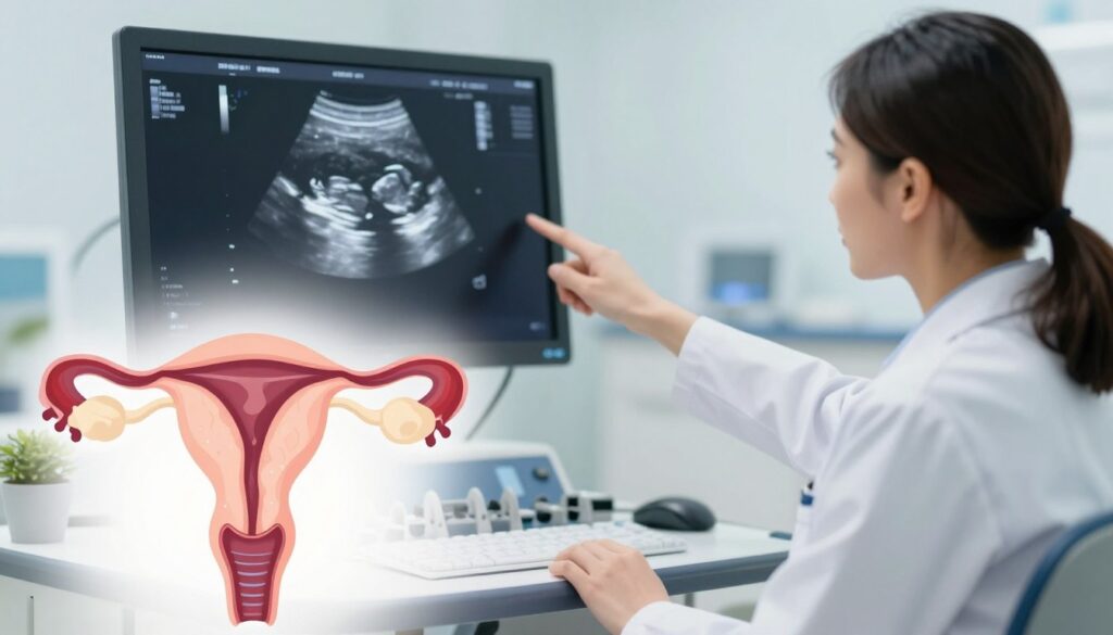 A detailed medical illustration showcasing the presence of fluid in the uterus, highlighting symptoms and warning signs. In the foreground, a clear ultrasound image of a female reproductive system with fluid accumulation depicted, emphasizing the uterus's structure. In the middle ground, a soft focus medical professional pointing to the ultrasound screen, dressed in a lab coat, exuding a sense of urgency and professionalism. The background shows a tranquil medical office environment, with subtle medical equipment and soft lighting that creates a calm yet serious atmosphere. The overall mood conveys the importance of taking health concerns seriously, encouraging awareness of potential symptoms associated with this condition.