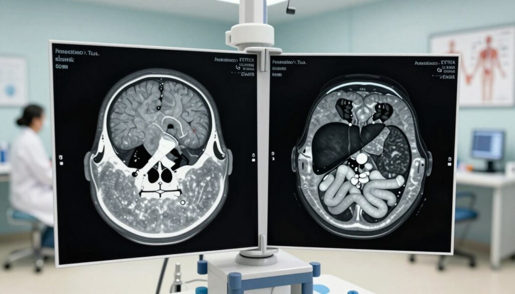 A detailed medical illustration showing both a CT scan of the head and abdomen. In the foreground, a high-resolution CT scan image of the human skull, clearly showing brain structures and sinuses, alongside an abdominal scan highlighting organs like the liver, kidneys, and intestines. The middle layer features a hospital setting with advanced imaging equipment and a radiologist examining the scans at a console, dressed in professional medical attire. The background includes softly lit examination rooms and charts for patient anatomy, creating a clinical yet inviting atmosphere. The scene is illuminated with bright, even lighting to enhance clarity, captured from a slight angle that emphasizes the technology and expertise involved in whole-body tomography.
