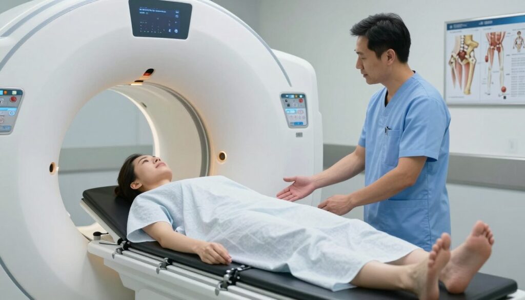 A detailed medical imaging scene depicting a hip MRI examination in a modern hospital setting. In the foreground, a patient lies comfortably on an MRI table, wearing a modest hospital gown, preparing for the scan. A technician, dressed in professional medical attire, stands to the side, explaining the procedure with a reassuring expression. The middle layer features the MRI machine, sleek and high-tech, with bright lights illuminating the area. In the background, medical charts and anatomical diagrams of the hip joint are visible on the walls, enhancing the clinical atmosphere. The lighting is bright but soft, creating a calm and professional mood. The angle captures the interaction between the patient and technician, emphasizing the focus on care and expertise in the examination process.