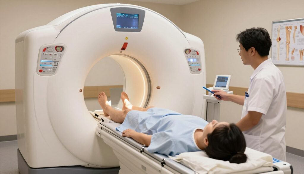 A detailed medical imaging scene featuring an MRI machine specifically designed for knee examinations, prominently placed in a modern hospital examination room. In the foreground, a patient dressed in a hospital gown is lying on the MRI bed, while a technician in professional medical attire operates the machine with focused intent. In the middle ground, the state-of-the-art MRI scanner is illuminated by soft, sterile lighting, showcasing the patient’s knee area being scanned. In the background, medical charts and anatomical diagrams of the knee can be seen on the walls, contributing to a clinical atmosphere. The overall composition evokes a sense of professionalism and care, emphasizing the technical nature of a knee MRI, while utilizing a warm yet sterile color palette to create comfort for the viewer.