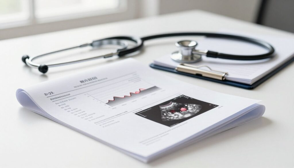 A detailed medical report displaying thyroid ultrasound results on a clean, white background. In the foreground, the report is partially unrolled, showcasing graphs and measurements alongside labeled images of the thyroid gland. In the middle ground, a stethoscope and a small notepad with a pen are placed neatly to the side, implying preparation for discussion with a healthcare professional. In the background, soft natural light filters in from a window, creating a calm and professional atmosphere. The image should maintain a focus on clarity and cleanliness to emphasize the importance of accurate medical information, with a gentle shadow to enhance depth. The overall mood is informative and serious, perfect for a medical context.