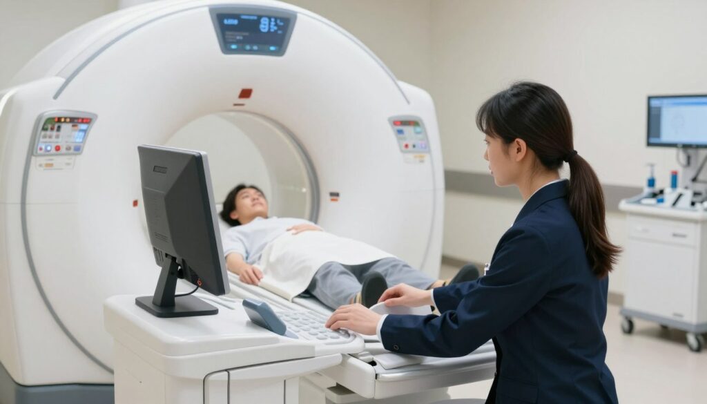 A detailed medical scene featuring an MRI machine in a modern medical facility, demonstrating the process of a motion system examination. In the foreground, a medical technician, dressed in professional business attire, is adjusting settings on the MRI machine while attentively looking at the monitor. The middle ground highlights a patient comfortably positioned inside the MRI scanner, with a calm expression, indicative of a standard procedure. The background displays clean, well-lit medical equipment and instruments, underscoring a professional healthcare environment. Soft, diffused lighting creates an atmosphere of professionalism and reassurance. The angle should capture both the technician’s focus and the patient’s experience, emphasizing the importance of contrast-free MRI examinations in providing reliable results.