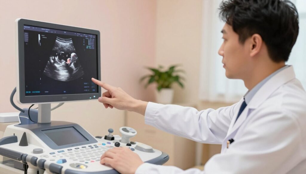 A detailed medical scene showing a healthcare professional in a white lab coat, attentively examining an ultrasound image of a developing fetus on a monitor in a softly lit examination room. In the foreground, the professional points at the ultrasound screen, exhibiting a look of focus and care. The middle ground features high-tech medical equipment, including ultrasound machines and monitors displaying clear, detailed images of the fetus. In the background, soothing pastel-colored walls create a calm atmosphere, with potted plants adding a touch of warmth. Soft, natural lighting casts gentle shadows, enhancing the sense of a professional, yet comforting environment for expectant parents. The overall mood conveys a sense of hope and anticipation during early pregnancy genetic testing.