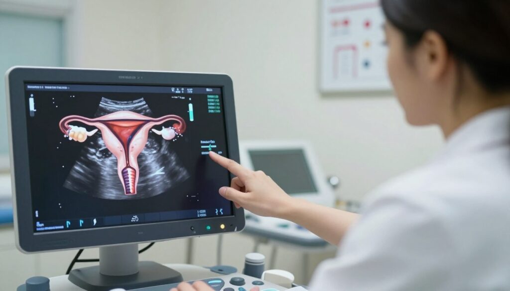 A detailed medical ultrasound image depicting abnormalities of the female reproductive system. In the foreground, include a clear and close-up view of the ultrasound monitor displaying a cross-sectional image of the uterus, highlighting common abnormalities such as fibroids, polyps, or cysts, utilizing vivid colors for anatomical clarity. In the middle ground, present a technician in professional attire, intently analyzing the ultrasound results, ensuring focus remains on the screen. The background should feature a softly lit, sterile medical environment with blurred medical equipment and charts, conveying an atmosphere of professionalism and precision. The lighting should be bright yet soft, emphasizing the details of the ultrasound image while maintaining a clinical ambiance.