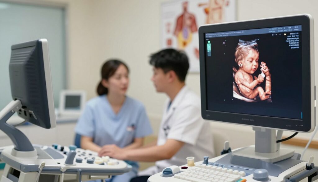 A detailed medical ultrasound image depicting the measurements of a 12-week-old fetus, showcasing a clear and vivid view of the fetus in the womb. In the foreground, focus on the ultrasound monitor displaying the detailed image of the fetus, with indicators highlighting key measurement points such as biparietal diameter, crown-rump length, and femur length. In the middle ground, include a healthcare professional, dressed in professional medical attire, attentively analyzing the ultrasound images. The background should be a softly lit, modern medical examination room equipped with ultrasound machinery and anatomical diagrams on the walls. Create a calm and informative atmosphere, with gentle lighting to emphasize the significance of prenatal health assessments. Use a high-resolution lens effect to enhance clarity and detail in the image.