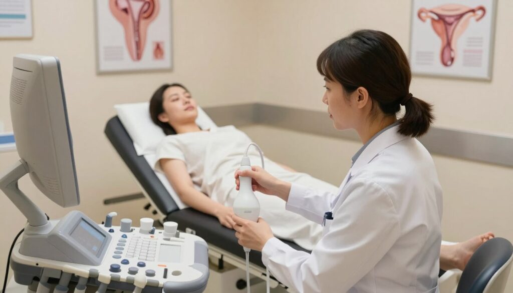 A detailed medical visualization featuring a gynecological exam room, focusing on the process of performing a transvaginal ultrasound. In the foreground, a professional female doctor in a white coat is demonstrating the ultrasound technique, with a medical ultrasound machine set up beside her. The middle ground showcases a patient on an examination table, fully clothed, with a calm and reassuring atmosphere. The background includes medical posters related to gynecology and a sterile environment with soft, warm lighting to evoke trust and professionalism. The angle is slightly elevated, capturing the interaction between the doctor and the patient, emphasizing the clinical yet compassionate nature of the examination process.