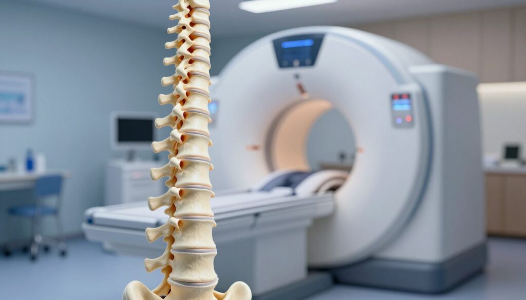 A detailed representation of a medical illustration showing a human spine (kręgosłupa) in a clinical setting. In the foreground, focus on a highly realistic 3D rendering of the spine, highlighting its various sections, including cervical, thoracic, and lumbar vertebrae. In the middle ground, include an open MRI machine with a subtle light shining from within, indicating a non-invasive scanning process. The background features a softly blurred hospital room with calming colors, emphasizing a safe and comfortable atmosphere. Use soft yet clinical lighting to illuminate the spine and MRI machine, creating a professional, serene environment. The image should evoke a sense of trust and reliability in medical technology.