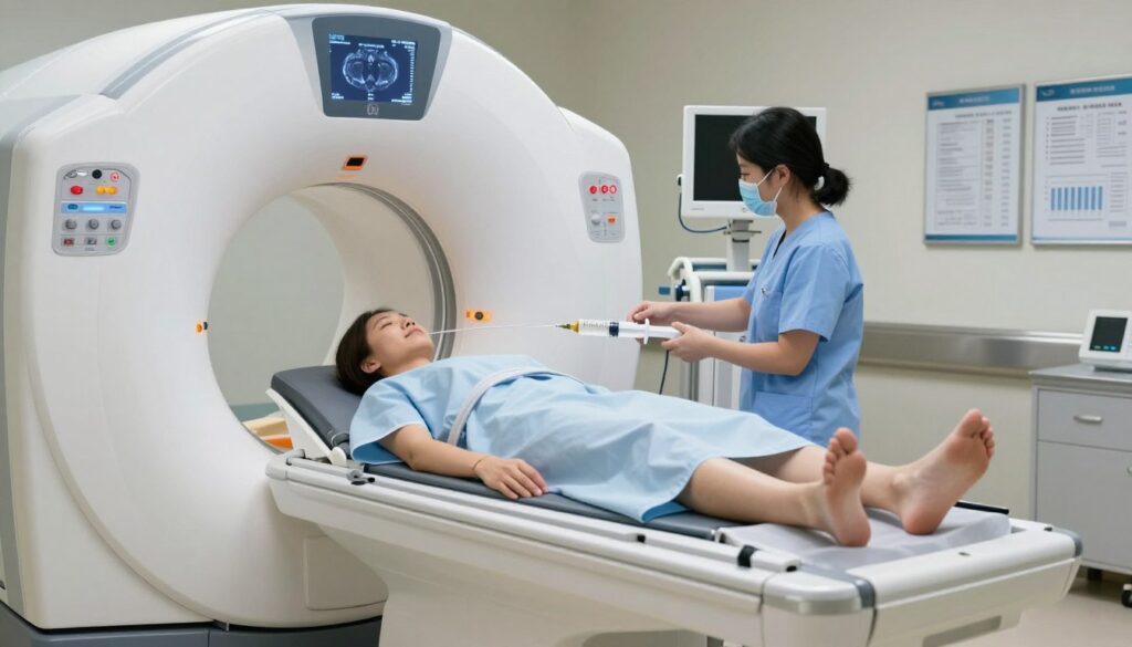 A detailed representation of a medical imaging scene focusing on a contrast-enhanced MRI scan. In the foreground, feature a sleek, modern MRI machine with a patient lying inside, wearing a hospital gown, and looking calm and relaxed. The middle layer showcases the contrast media being administered, depicted as a clear solution in a syringe, with a healthcare professional in professional attire operating the machine. The background features a softly lit hospital room, with medical charts and monitors, creating a clinical yet reassuring atmosphere. The lighting is bright but gentle, emphasizing the advanced technology without harsh shadows. The overall mood is one of professionalism, care, and innovation in medical imaging.