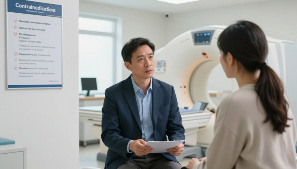 A detailed scene depicting a medical consultation room focused on contraindications for computed tomography. In the foreground, a multi-lingual medical poster on a clean wall highlights key contraindications, including allergies, pregnancy, and metal implants. In the middle ground, a healthcare professional in professional business attire is engaged in a discussion with a patient, both appearing attentive and serious. The background features medical equipment, like a CT scanner, softly illuminated by natural light filtering through a window, creating a calm and informative atmosphere. The overall mood is professional and educational, with a focus on patient safety and medical guidelines.