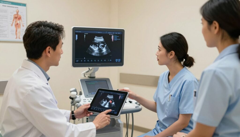 A detailed scene depicting a medical consultation room focused on prostate ultrasound (USG). In the foreground, a diverse group of healthcare professionals in professional attire – a male doctor discussing with a female nurse, both reviewing a digital tablet displaying ultrasound images. The middle ground features a high-tech ultrasound machine, with clear screens displaying a detailed ultrasound scan of the prostate. The background shows a modern, clean medical environment with subtle lighting that conveys a calm and informative atmosphere. Soft shadows enhance depth, while a warm color palette adds a reassuring feel. Include medical charts and anatomical diagrams on the walls, emphasizing the clinical setting. The angle should be slightly elevated, capturing the interaction and technology effectively.
