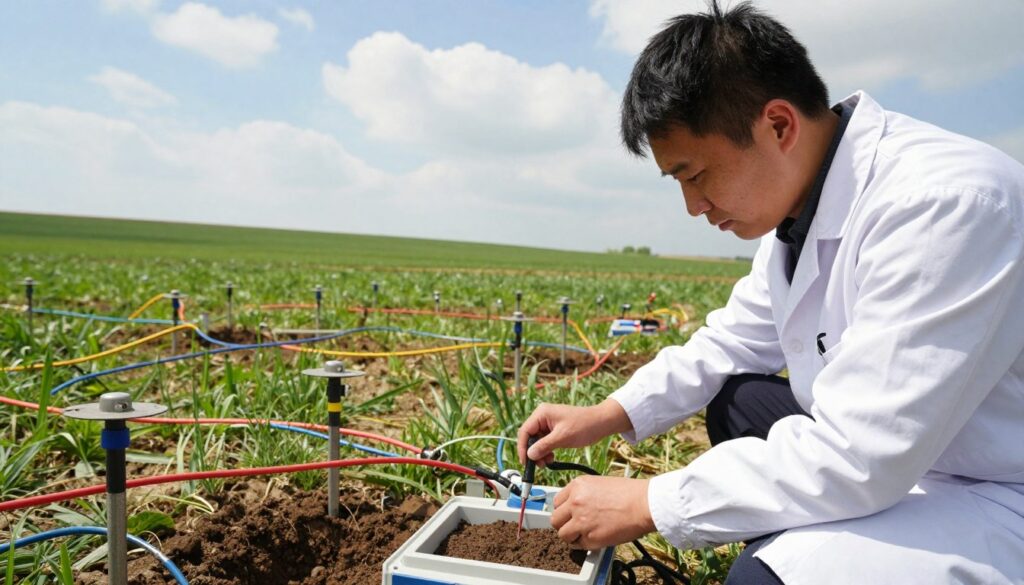 A detailed scene depicting an electro-resistivity tomography survey in progress. In the foreground, a professional technician in a white lab coat operates a sophisticated electro-resistivity device, carefully analyzing soil samples for water detection. The middle ground features a grid of electrodes strategically placed in a lush, green field, interconnected with colorful cables. The background shows a clear blue sky with fluffy clouds, highlighting the natural landscape. Soft, natural lighting bathes the scene, emphasizing the technician's focused expression as they work diligently. The atmosphere is scientific and professional, conveying the importance of this innovative technology in locating underground water sources.