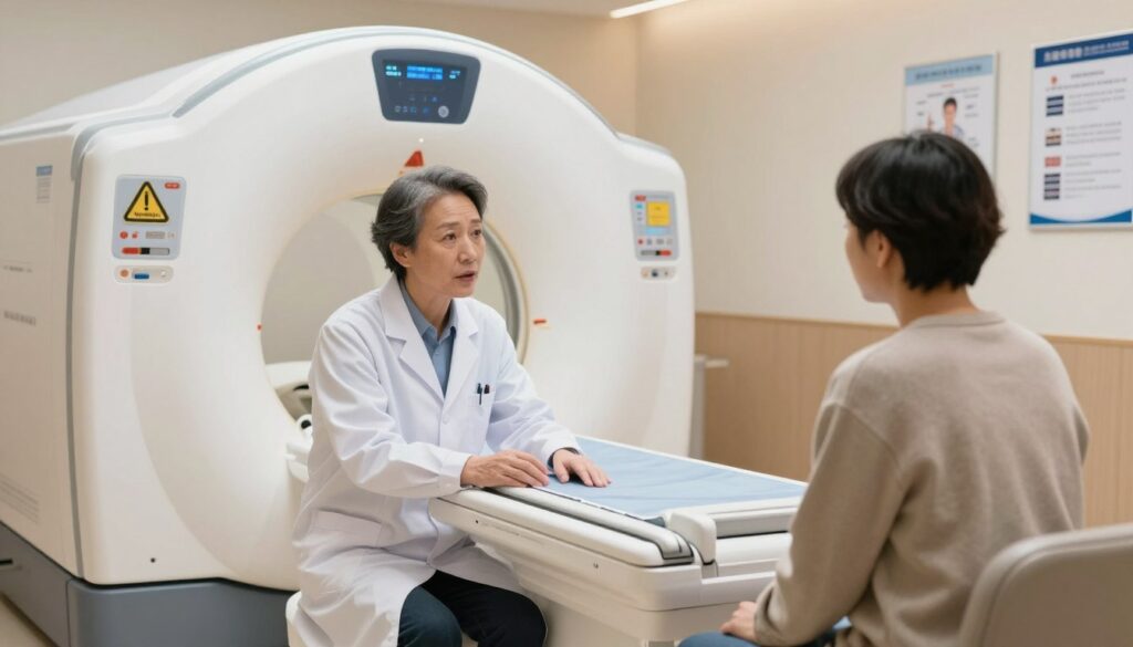 A detailed scene illustrating contraindications for MRI scans, with a focus on safety measures. In the foreground, a concerned healthcare professional in a lab coat discusses with a patient sitting in a comfortable clinic room, emphasizing the importance of safety. The middle ground features an MRI machine, sleek and modern, with visual indicators of safety procedures, such as 'No Metal' warnings and a list of contraindications displayed. In the background, soft lighting creates a calm and reassuring atmosphere, with medical posters about MRI safety on the walls. The composition conveys professionalism and care, highlighting the significance of understanding who should avoid MRI scans. A detailed scene illustrating contraindications for MRI scans, with a focus on safety measures. In the foreground, a concerned healthcare professional in a lab coat discusses with a patient sitting in a comfortable clinic room, emphasizing the importance of safety. The middle ground features an MRI machine, sleek and modern, with visual indicators of safety procedures, such as 'No Metal' warnings and a list of contraindications displayed. In the background, soft lighting creates a calm and reassuring atmosphere, with medical posters about MRI safety on the walls. The composition conveys professionalism and care, highlighting the significance of understanding who should avoid MRI scans.