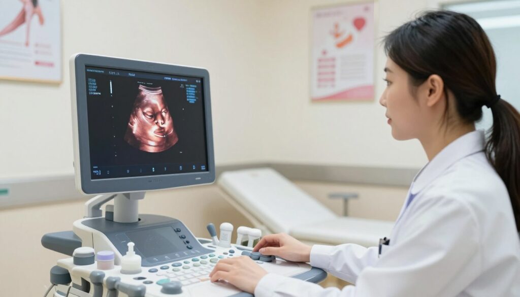 A detailed scene showcasing the medical imaging process for determining fetal measurements in an ultrasound setting. In the foreground, a professional female doctor in a lab coat is intently examining an ultrasound screen, displaying clear images of a fetus with annotated measurements. The middle ground features the ultrasound machine, with various tools and ultrasound gel in neat order. In the background, a calm and softly-lit examination room is visible, decorated with medical posters that subtly hint at prenatal health. The lighting is bright and clinical, enhancing focus on the ultrasound display. The mood is serious yet hopeful, reflecting the importance of accurate fetal measurements in pregnancy assessments.