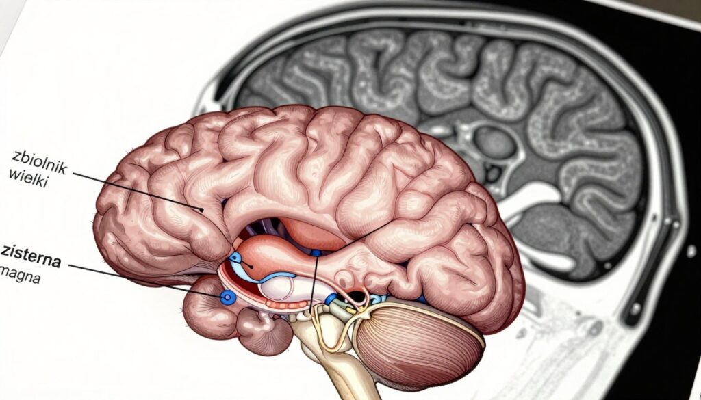 A detailed, scientific illustration of the "zbiornik wielki" (cisterna magna) in the context of the human brain's anatomy. In the foreground, showcase a cross-sectional view of the cisterna magna, highlighting its structure with clear, labeled anatomical features. In the middle ground, include the cerebellum, with its distinctive lobes and folds, integrating subtle shading to emphasize depth. In the background, depict the ventricular system, illustrating the surrounding cerebral ventricles for context. Use soft, natural lighting to create a clinical atmosphere, simulating the effect of an MRI scan’s visualization. The angle should be slightly tilted from above, providing a comprehensive view of these brain structures. The image should evoke a sense of scientific precision and clarity, suitable for a medical audience.
