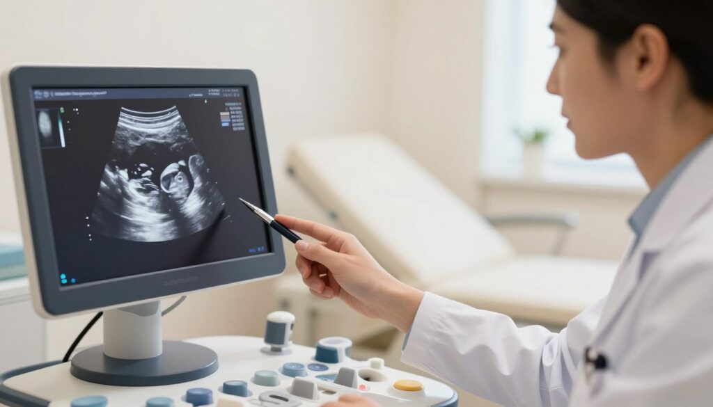 A detailed ultrasound image at 10 weeks of pregnancy, showcasing the developing embryo within the womb. The foreground displays a clear view of the ultrasound screen, highlighting the embryonic features such as the heart flickering and the early stages of limb development. In the middle ground, a medical professional in professional business attire is attentively analyzing the ultrasound results, pointing at the screen with a pen. The background is a softly lit examination room, filled with medical equipment and soft pastel colors, creating a calm and informative atmosphere. Utilize natural lighting to enhance the clarity and detail of the ultrasound image, focusing from a slightly elevated angle to capture both the screen and the professional's engagement.
