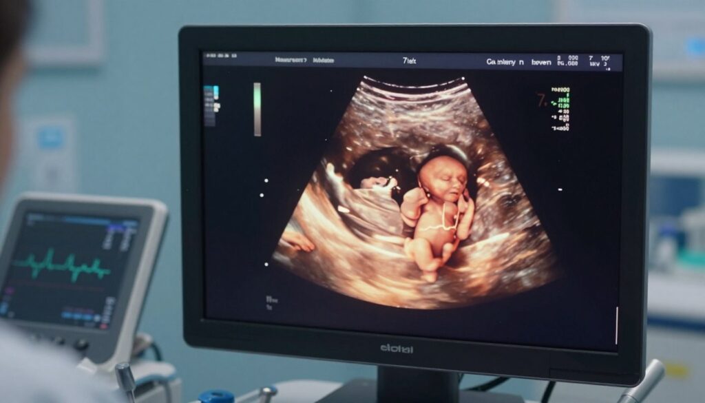 A detailed ultrasound image depicting a fetus at 7 weeks gestation within a mother's womb. The primary focus is on the tiny heart, clearly visible with a digital representation of the heartbeat, highlighting the normal ranges of beats per minute. In the foreground, include a realistic depiction of the ultrasound screen displaying the heart rate clearly. In the middle, show the womb's interior, with gentle, glowing lighting to emphasize the nurturing environment. In the background, subtly hint at the doctor's office with medical equipment and soft blue tones to convey a calm atmosphere. The entire image should reflect a sense of hope and vitality, with a professional and educational aesthetic. A detailed ultrasound image depicting a fetus at 7 weeks gestation within a mother's womb. The primary focus is on the tiny heart, clearly visible with a digital representation of the heartbeat, highlighting the normal ranges of beats per minute. In the foreground, include a realistic depiction of the ultrasound screen displaying the heart rate clearly. In the middle, show the womb's interior, with gentle, glowing lighting to emphasize the nurturing environment. In the background, subtly hint at the doctor's office with medical equipment and soft blue tones to convey a calm atmosphere. The entire image should reflect a sense of hope and vitality, with a professional and educational aesthetic.