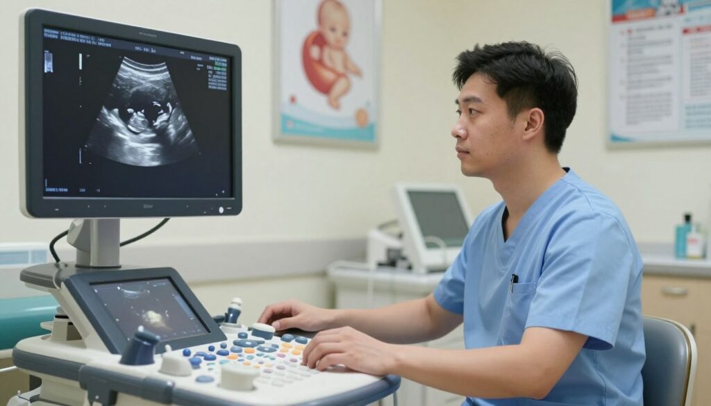 A detailed ultrasound image display showing the first trimester measurements of a fetus, specifically at 11 to 13.6 weeks gestation. The foreground features a clear view of the ultrasound monitor, showcasing the detailed outline of the fetus, emphasizing key markers and measurements relevant to screening. In the middle ground, there is a professional ultrasound technician in modest attire, focused on operating the machine, with a thoughtful expression. The background is a softly lit medical environment with soothing colors, including medical posters and equipment relevant to prenatal care. The overall atmosphere is one of calm professionalism and care, highlighting the importance of prenatal assessments and screenings.