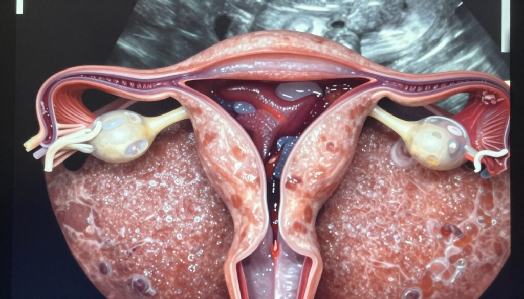 A detailed ultrasound image illustrating the muscular membrane, specifically focusing on the features visible in adenomyoza. The foreground showcases a high-resolution cross-sectional view of the uterus with clear, defined layers of the muscular tissue, highlighting abnormalities associated with adenomyoza. In the middle ground, finely delineated textures and color variations depict the surrounding tissues and potential cyst formations. The background is softly blurred to emphasize the subject, with gentle, diffused lighting enhancing the visibility of the anatomical structures. The overall mood is clinical and informative, aiming for a professional and educational atmosphere suitable for a medical article, without any text or overlays.