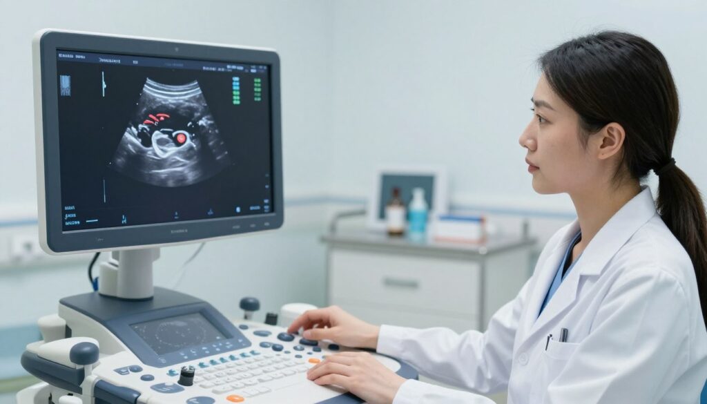 A detailed ultrasound image of the uterus, showcasing a clear view of myomas (fibroids) in a medical setting. In the foreground, a realistic ultrasound machine displays the diagnostic screen with the uterine image prominently featured. The middle ground shows a female healthcare professional, dressed in a white lab coat and professional attire, attentively examining the ultrasound results. She has a thoughtful expression, emphasizing the seriousness of the examination. In the background, a softly lit hospital room conveys a sterile yet comforting atmosphere with medical equipment and supplies neatly arranged. The lighting is bright and clinical, highlighting the details of the ultrasound imaging. The overall mood is focused and informative, capturing the essence of a professional medical environment.