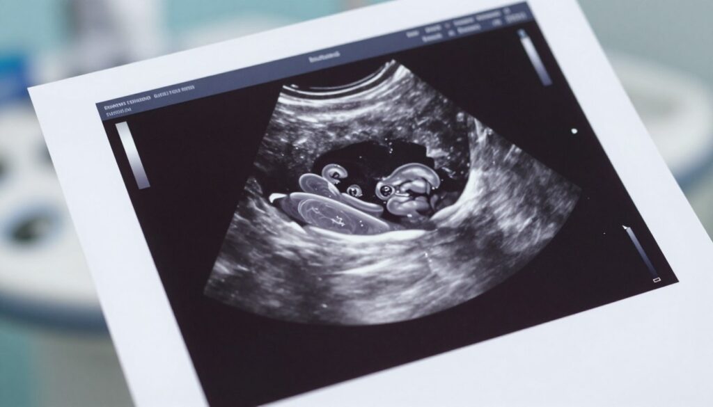 A detailed ultrasound image showcasing a gestational sac, prominently featuring the early developmental stage at 5 weeks of pregnancy. The foreground displays the round, translucent gestational sac, with its smooth edges and subtle shadows that suggest its fragility. In the middle ground, a small yolk sac can be seen nestled within, providing contrast with its more opaque texture. The background is softly blurred to simulate the effect of a medical ultrasound machine, lending a clinical atmosphere. The lighting is bright yet gentle, emphasizing the clarity of the ultrasound image while maintaining a calm and informative mood. The angle is slightly tilted, mimicking how a doctor might view the printout. A detailed ultrasound image showcasing a gestational sac, prominently featuring the early developmental stage at 5 weeks of pregnancy. The foreground displays the round, translucent gestational sac, with its smooth edges and subtle shadows that suggest its fragility. In the middle ground, a small yolk sac can be seen nestled within, providing contrast with its more opaque texture. The background is softly blurred to simulate the effect of a medical ultrasound machine, lending a clinical atmosphere. The lighting is bright yet gentle, emphasizing the clarity of the ultrasound image while maintaining a calm and informative mood. The angle is slightly tilted, mimicking how a doctor might view the printout.