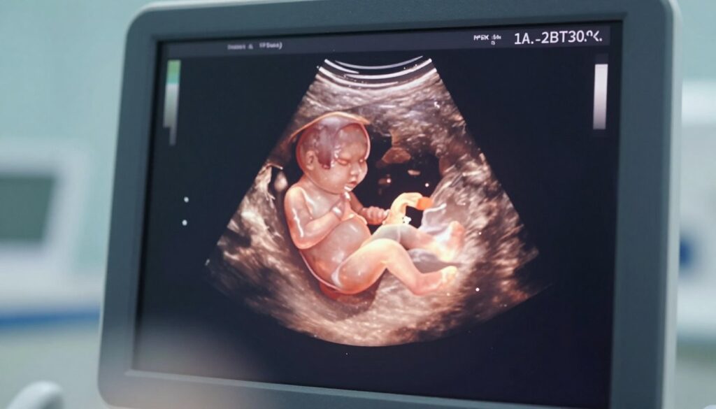 A detailed ultrasound image showing an early embryo at 7 weeks gestation, clearly visible in the center. The embryo should have distinct features, including a developing heartbeat represented by a gentle glow, surrounded by the gestational sac, which is slightly translucent, displaying the amniotic fluid. In the foreground, soft, diffused lighting creates an ethereal atmosphere, emphasizing the delicate nature of the image. The background should be subtly blurred, representing the medical context of an ultrasound room with soft blue and white tones, enhancing the clinical yet hopeful mood. The image is to be viewed from a slight angle, simulating the perspective one would have from an ultrasound monitor, without any text, watermarks, or distractions. A detailed ultrasound image showing an early embryo at 7 weeks gestation, clearly visible in the center. The embryo should have distinct features, including a developing heartbeat represented by a gentle glow, surrounded by the gestational sac, which is slightly translucent, displaying the amniotic fluid. In the foreground, soft, diffused lighting creates an ethereal atmosphere, emphasizing the delicate nature of the image. The background should be subtly blurred, representing the medical context of an ultrasound room with soft blue and white tones, enhancing the clinical yet hopeful mood. The image is to be viewed from a slight angle, simulating the perspective one would have from an ultrasound monitor, without any text, watermarks, or distractions.