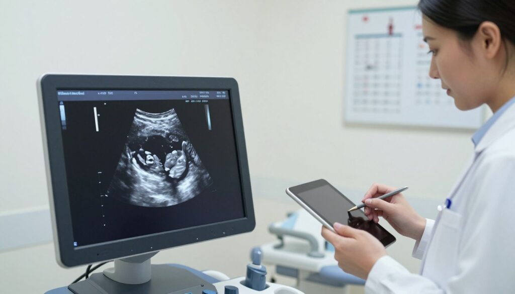 A detailed ultrasound image showing the measurement of a fetus's BPD (Biparietal Diameter) during a prenatal examination. In the foreground, the clear, black-and-white ultrasound screen displays an anatomical profile of the fetus with precise measurement markers indicating the BPD. The middle ground includes a healthcare professional in a lab coat, carefully analyzing the results on a tablet, with focused expression and attentive posture, embodying professionalism. The background features a softly lit, modern medical room setting, equipped with ultrasound machines and charts on the walls, creating a calm atmosphere. The lighting is bright yet diffused, enhancing the clinical precision of the scene, captured from a slightly elevated angle for an informative view.
