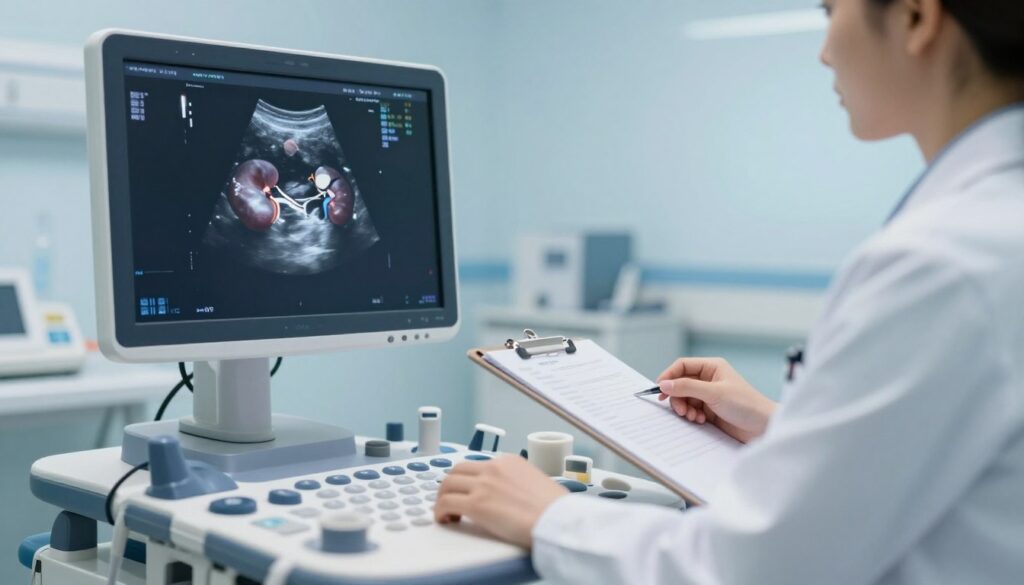 A detailed ultrasound image showing the urinary system, specifically highlighting the kidneys, ureters, and bladder. The foreground features a realistic ultrasound machine and its screen displaying a clear, detailed image of the renal structures with highlighted areas showing abnormalities and anatomical features. In the middle, a medical professional in a lab coat examines the screen, holding a clipboard, representing a clinical environment. The background includes subtle elements of a hospital room, like a faint silhouette of medical equipment and a calming color palette of blues and whites, suggesting a mood of professionalism and focus. Soft, natural lighting enhances the clarity of the ultrasound image while creating a sterile and reassuring atmosphere.