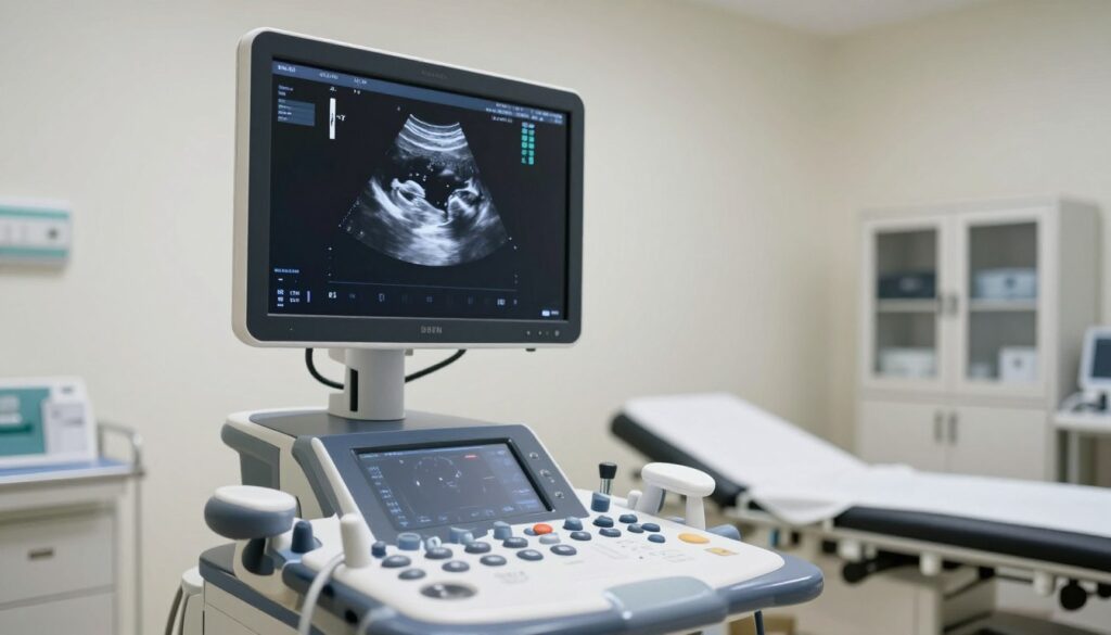 A detailed ultrasound machine in a clinical setting, showcasing an ultrasound transducer and the resulting image displayed on a monitor. In the foreground, a professional-looking transducer with clear buttons and a sleek design, positioned as if ready for use. In the middle ground, a monitor displays a high-resolution grayscale ultrasound image of internal body structures, exhibiting detailed anatomical features. The background features a softly lit, sterile examination room with medical equipment, including a patient bed and storage cabinets. The atmosphere is calm and professional, with a focus on technology and healthcare. Soft overhead lighting illuminates the scene, creating a clean and reassuring environment. The angle is slightly tilted downwards to capture both the monitor and the transducer prominently.