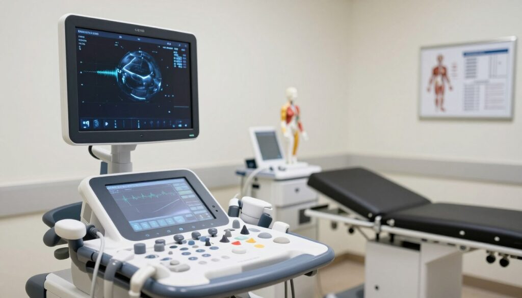 A detailed ultrasound machine in a modern clinical setting, capturing the essence of diagnostic imaging with a focus on the technology's use of sound waves. In the foreground, a sleek ultrasound device with a clear screen displaying waveforms. The middle ground features a well-organized examination room, with professional medical equipment in the background, including an anatomical model and charts. Soft, diffused lighting illuminates the space, creating a calm and sterile atmosphere. The camera angle is slightly tilted downward to showcase the device's screen clearly. The mood is informative and reassuring, reflecting the scientific and safe nature of ultrasound diagnostics without any human subjects present. The overall composition emphasizes precision and trust in medical technology.