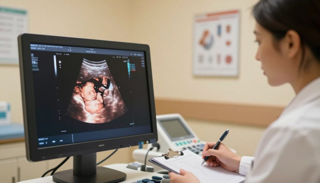A detailed ultrasound scan displaying early-stage pregnancy, focusing on potential abnormalities. In the foreground, an ultrasound monitor shows a clear image of a developing fetus with notable markers indicating deviations from the norm, like blood flow irregularities or growth measurements outside typical ranges. In the middle ground, a medical professional in a lab coat observes the scan intently, taking notes on a clipboard, conveying a sense of focus and professionalism. The background features a softly lit examination room with medical equipment and charts on the walls, creating a calm and clinical atmosphere. The lighting is warm and inviting, emphasizing the seriousness and care of the examination. The angle should be slightly elevated to capture both the monitor and the professional's reaction seamlessly. A detailed ultrasound scan displaying early-stage pregnancy, focusing on potential abnormalities. In the foreground, an ultrasound monitor shows a clear image of a developing fetus with notable markers indicating deviations from the norm, like blood flow irregularities or growth measurements outside typical ranges. In the middle ground, a medical professional in a lab coat observes the scan intently, taking notes on a clipboard, conveying a sense of focus and professionalism. The background features a softly lit examination room with medical equipment and charts on the walls, creating a calm and clinical atmosphere. The lighting is warm and inviting, emphasizing the seriousness and care of the examination. The angle should be slightly elevated to capture both the monitor and the professional's reaction seamlessly.